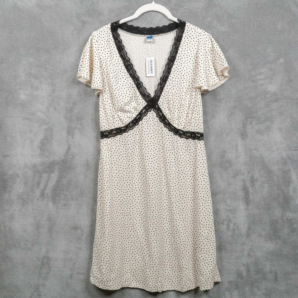 OLD NAVY Polka Dot Lace Trim Flutter Sleeve Babydoll Mini Dress Cream Black Sz S